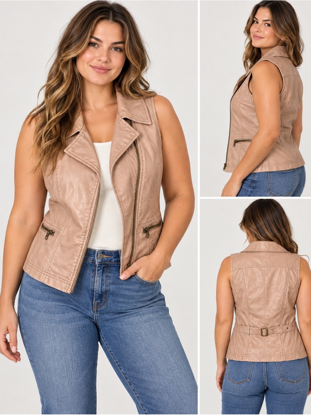 Live a Little Sleeveless Moto Vest in Taupe